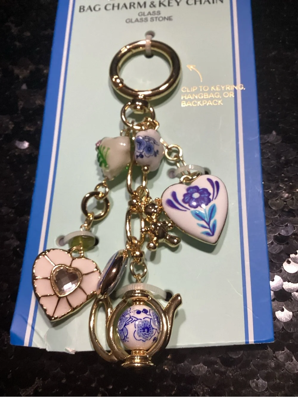 piper.k Gold & Blue Floral Glass Bag Charm Key Chain